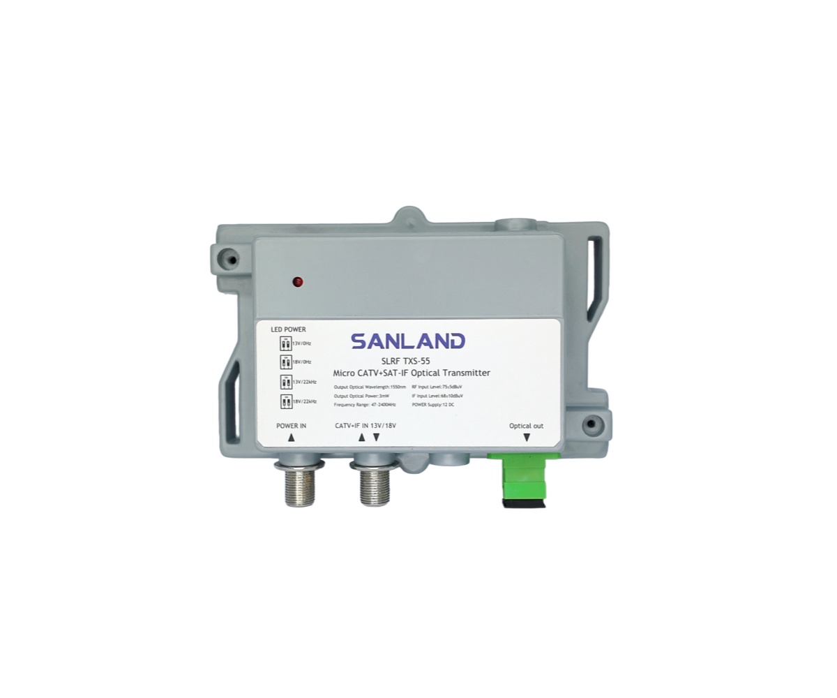 SLRF TXS-55 CATV optical transmitter with F-type RF input, SC/APC optical output, and compact housing for 47–2400 MHz CATV and SAT-IF fiber optic signal transmission.